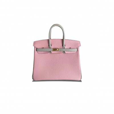 HERMÈS MASTER BIRKIN 25 CHEVRE LEATHER CHERRY BLOSSOM AND PEARL GREY GOLD BUCKLE H028361CC69 (25*20*13cm)